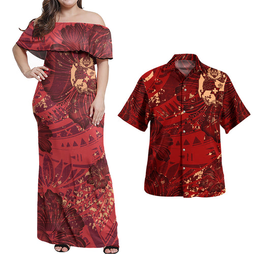 Tonga Combo Off Shoulder Long Dress And Shirt Hibiscus With Polynesian Pattern Red Version