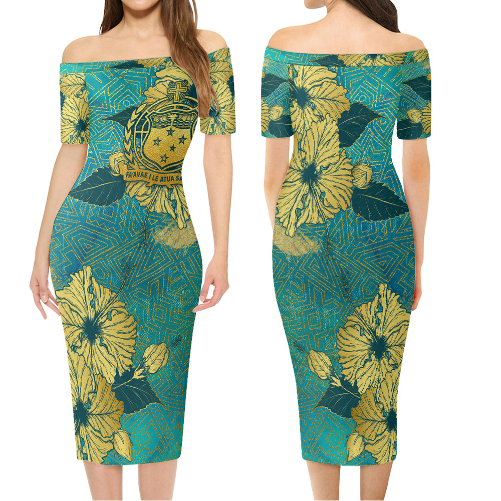 Samoa Combo Short Sleeve Dress And Shirt Golden Hibiscus Turquoise Color Tribal Pattern