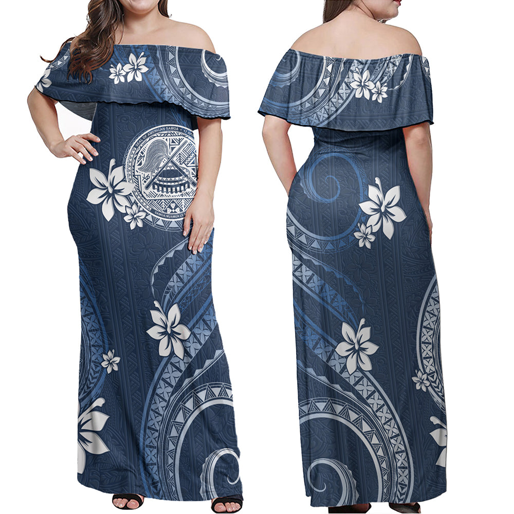 American Samoa Combo Off Shoulder Long Dress And Shirt White Hibiscus Blue Pattern