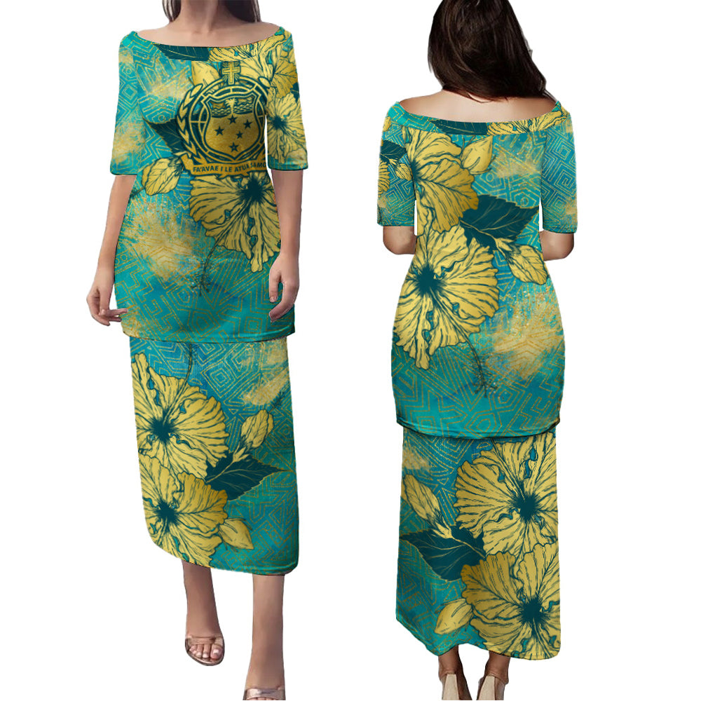 Samoa Combo Puletasi And Shirt Golden Hibiscus Turquoise Color Tribal Pattern