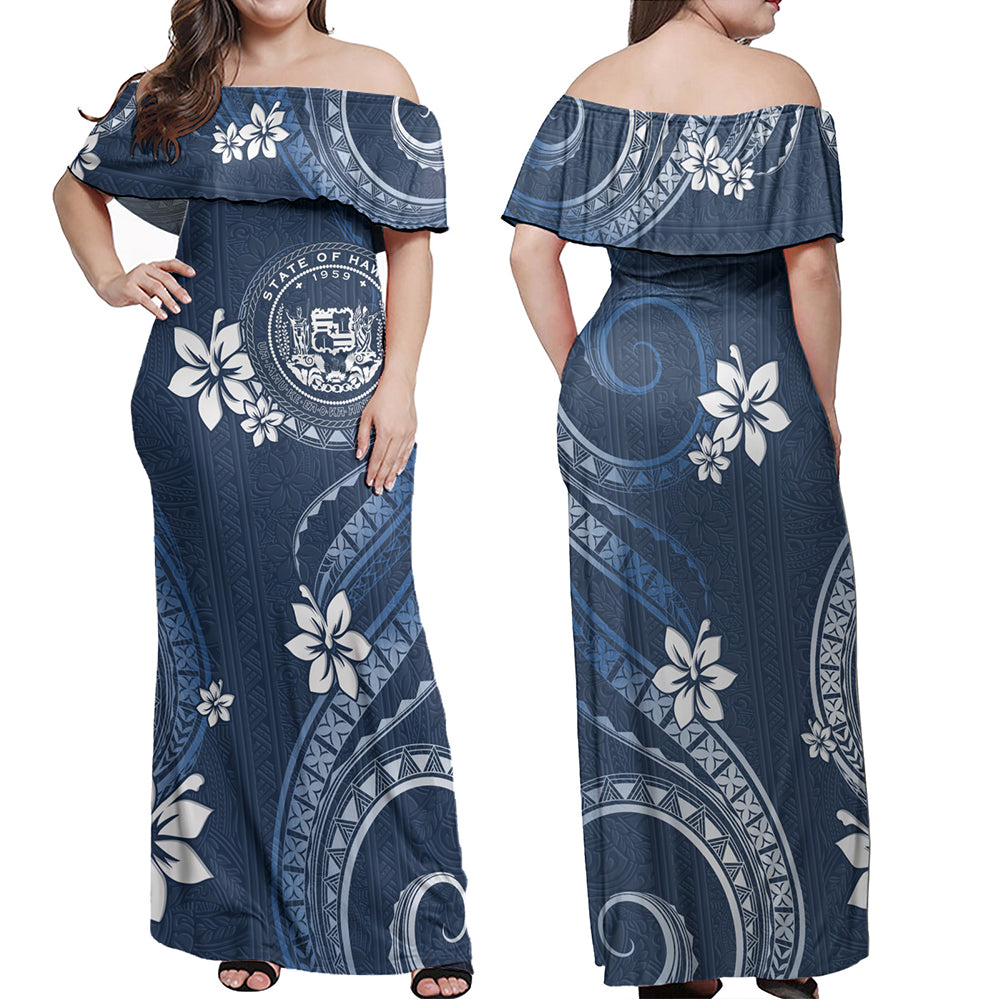 Hawaii Combo Off Shoulder Long Dress And Shirt White Hibiscus Blue Pattern