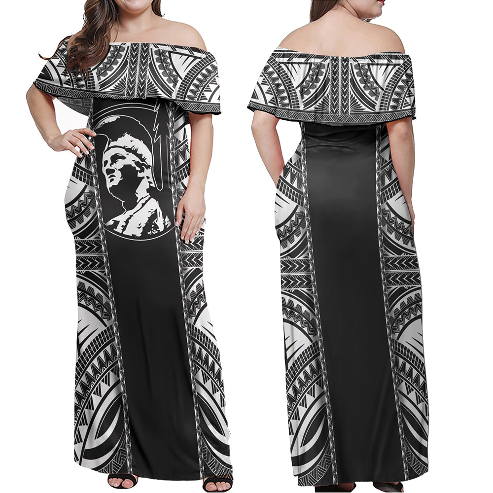 Hawaii Combo Off Shoulder Long Dress And Shirt King Kamekameha Black and White Polynesian