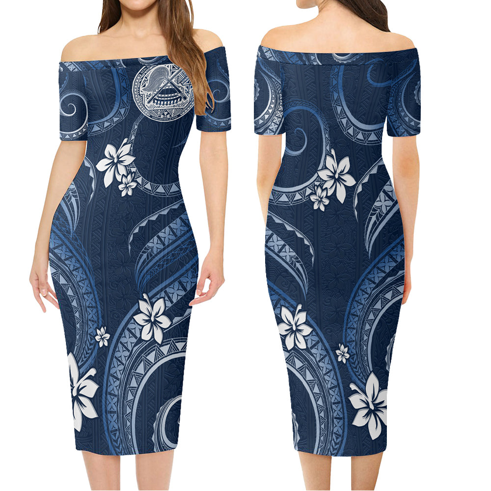 American Samoa Combo Short Sleeve Dress And Shirt White Hibiscus Blue Tribal Pattern