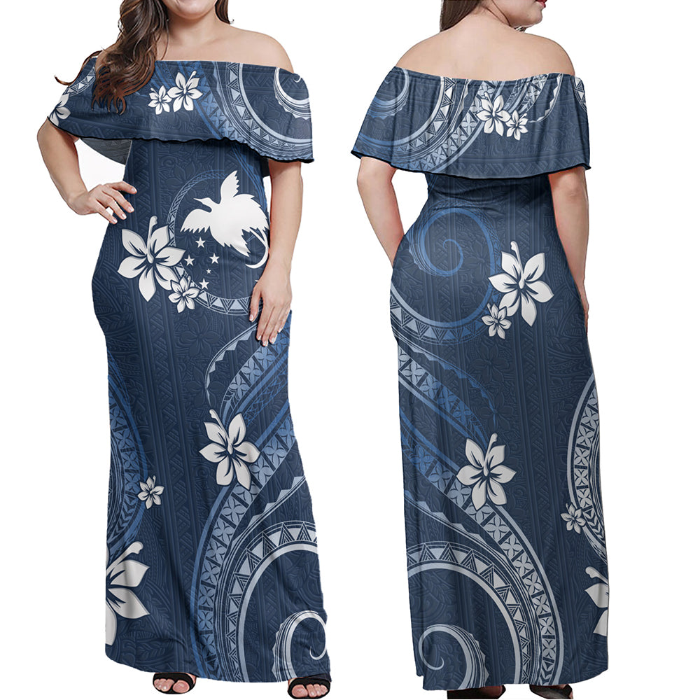 Papua New Guinea Combo Off Shoulder Long Dress And Shirt White Hibiscus Blue Pattern