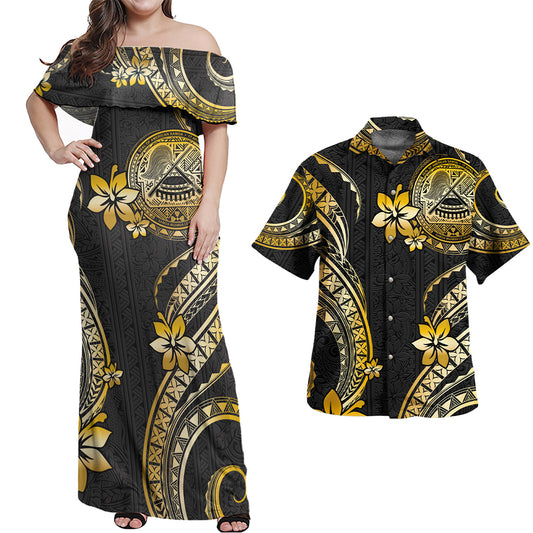 American Samoa Combo Off Shoulder Long Dress And Shirt Golden Polynesian Pattern