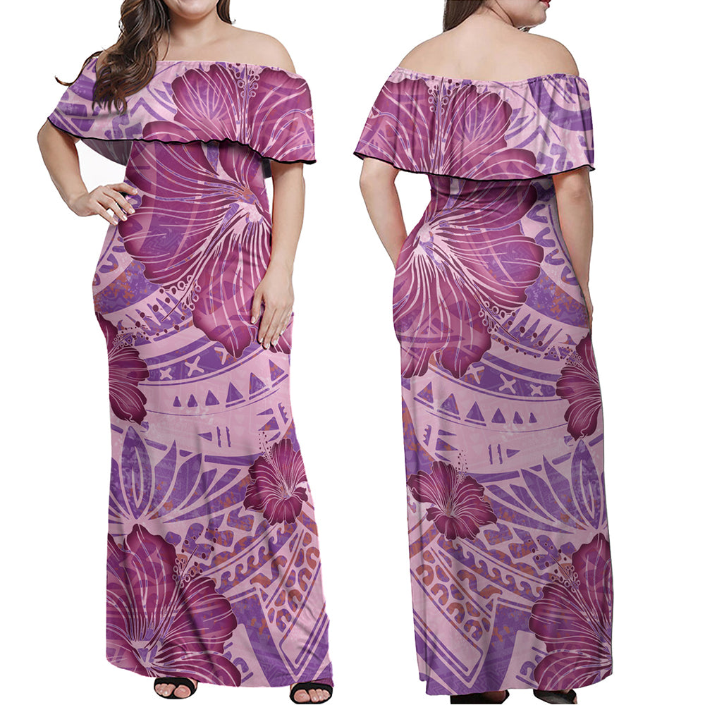 Hawaii Combo Off Shoulder Long Dress And Shirt Purple Hibiscus With Polynesian Pattern