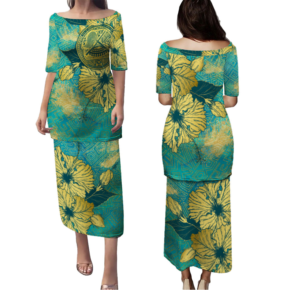 American Samoa Combo Puletasi And Shirt Golden Hibiscus Turquoise Color Tribal Pattern