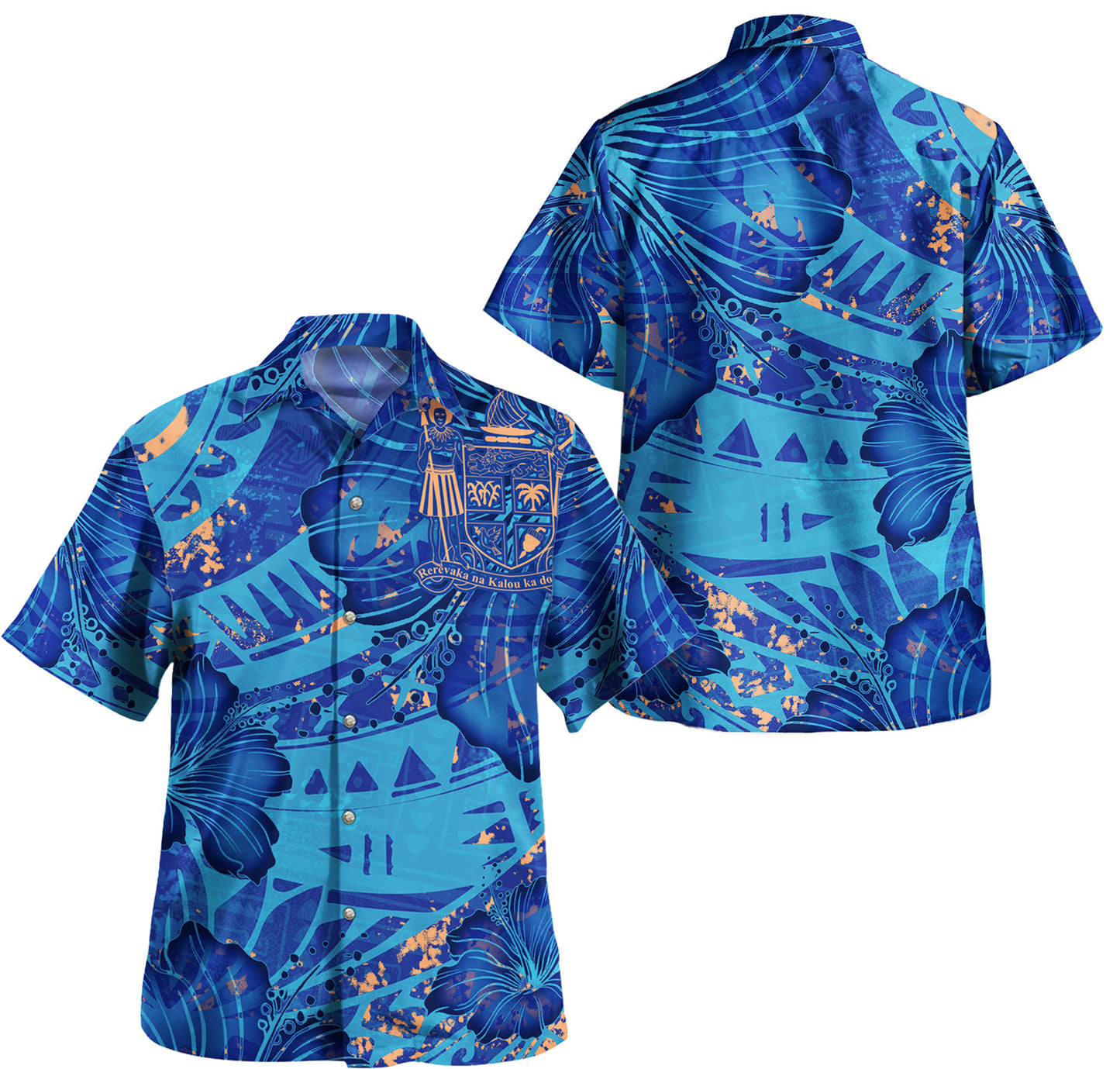 Fiji Combo Off Shoulder Long Dress And Shirt Hibiscus With Polynesian Pattern Blue Version