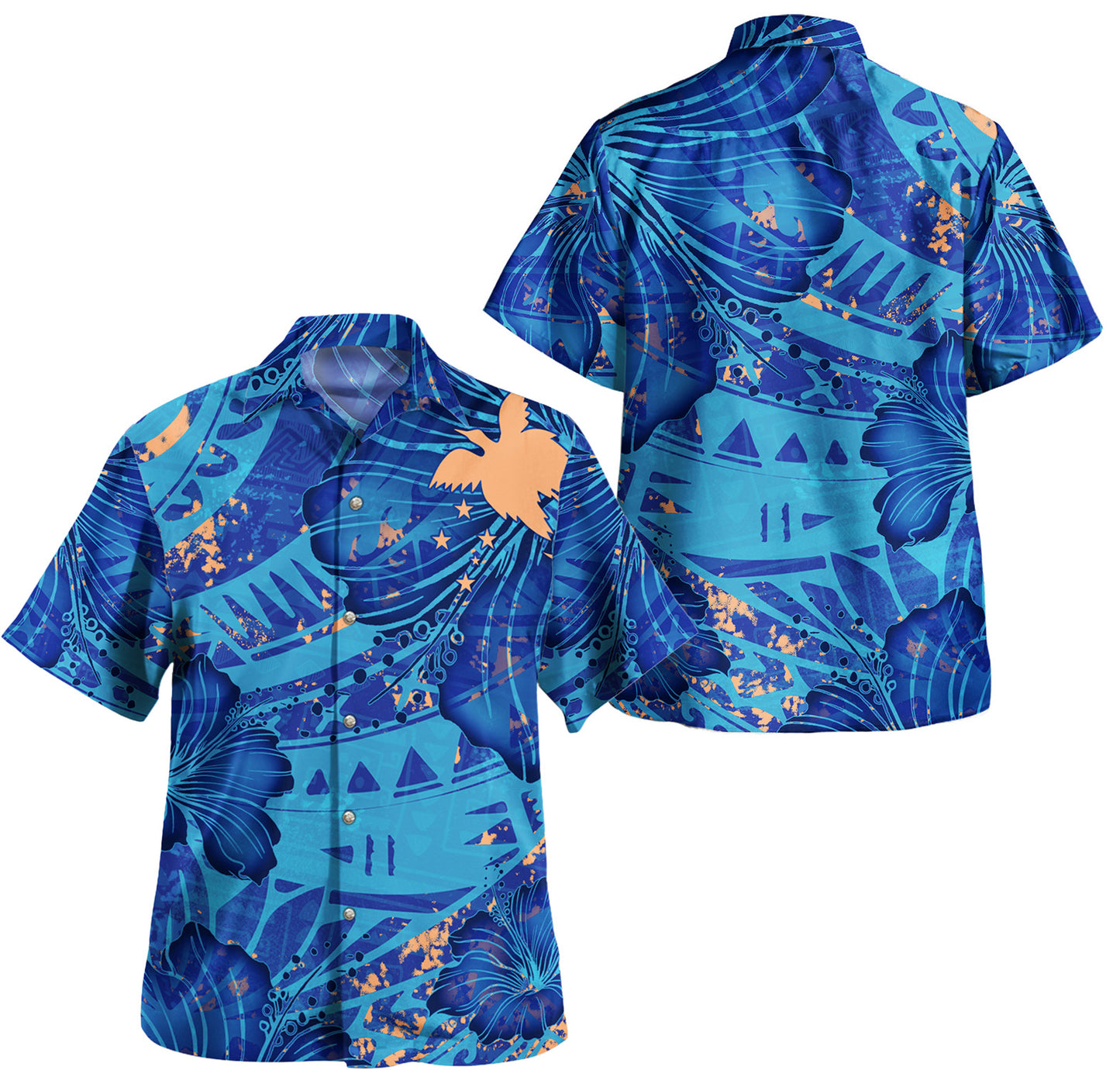 Papua New Guinea Combo Off Shoulder Long Dress And Shirt Hibiscus With Polynesian Pattern Blue Version