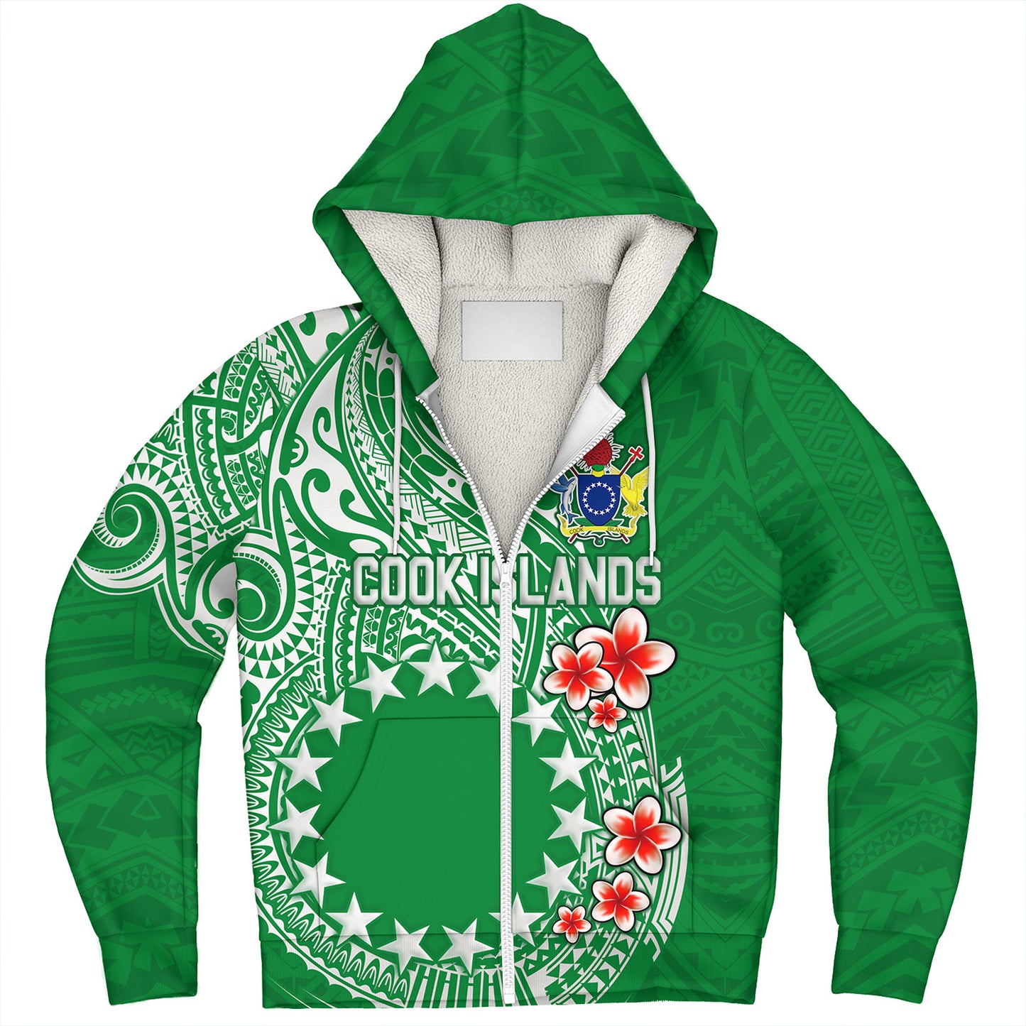 Cook Islands Sherpa Hoodie Plumeria Flowers Tribal Motif Design