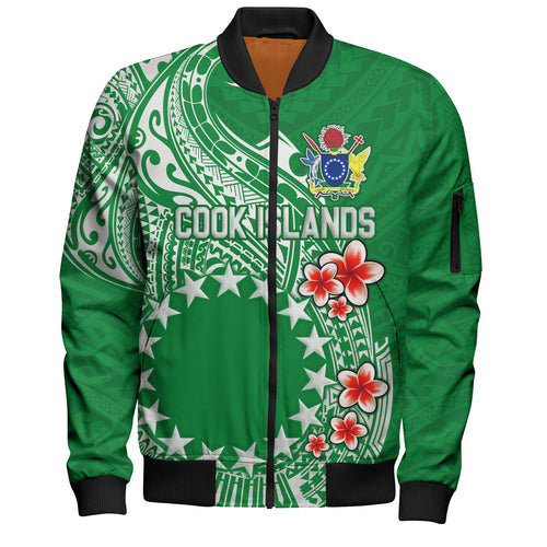 Cook Islands Bomber Jacket Plumeria Flowers Tribal Motif Design