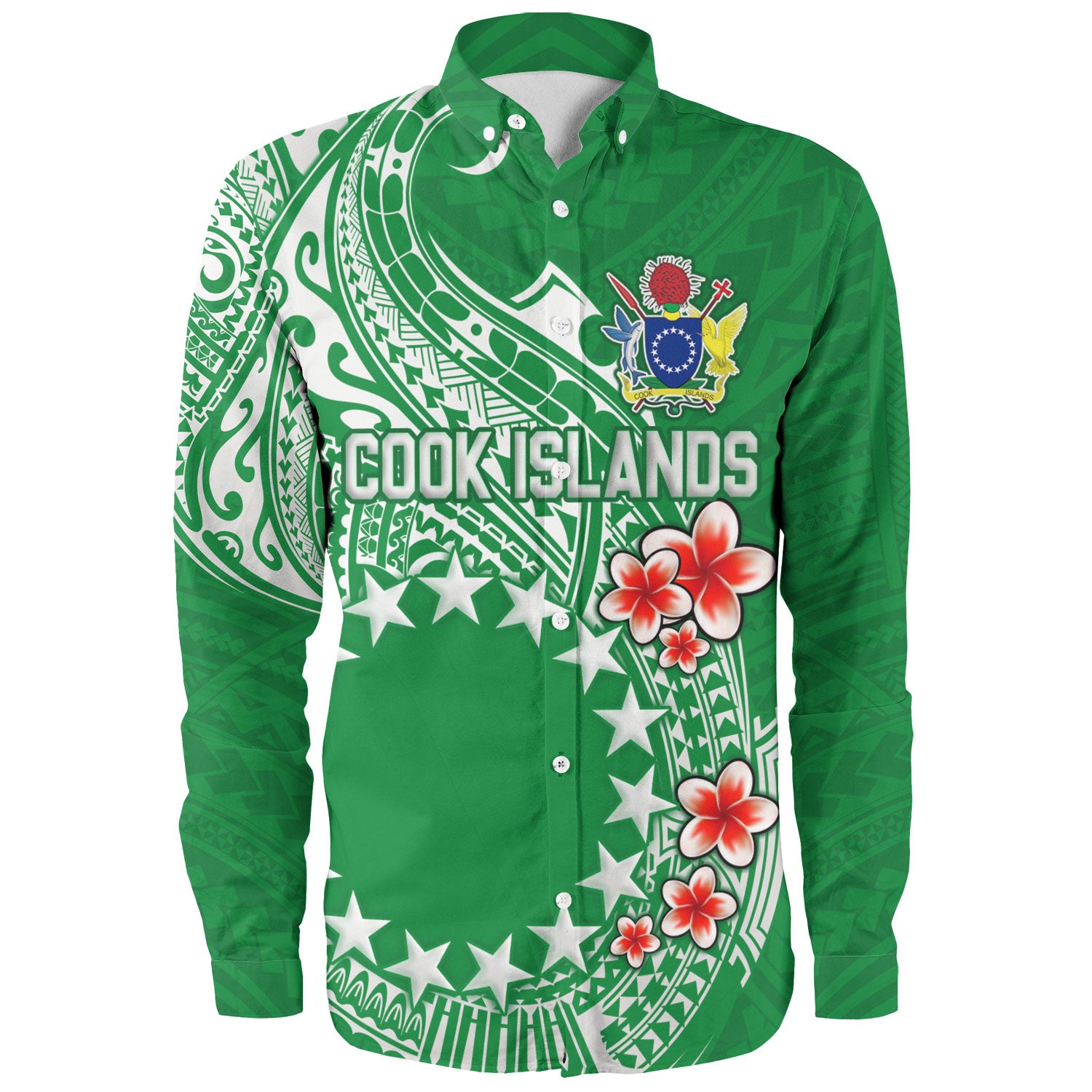 Cook Islands Long Sleeve Shirt Plumeria Flowers Tribal Motif Design