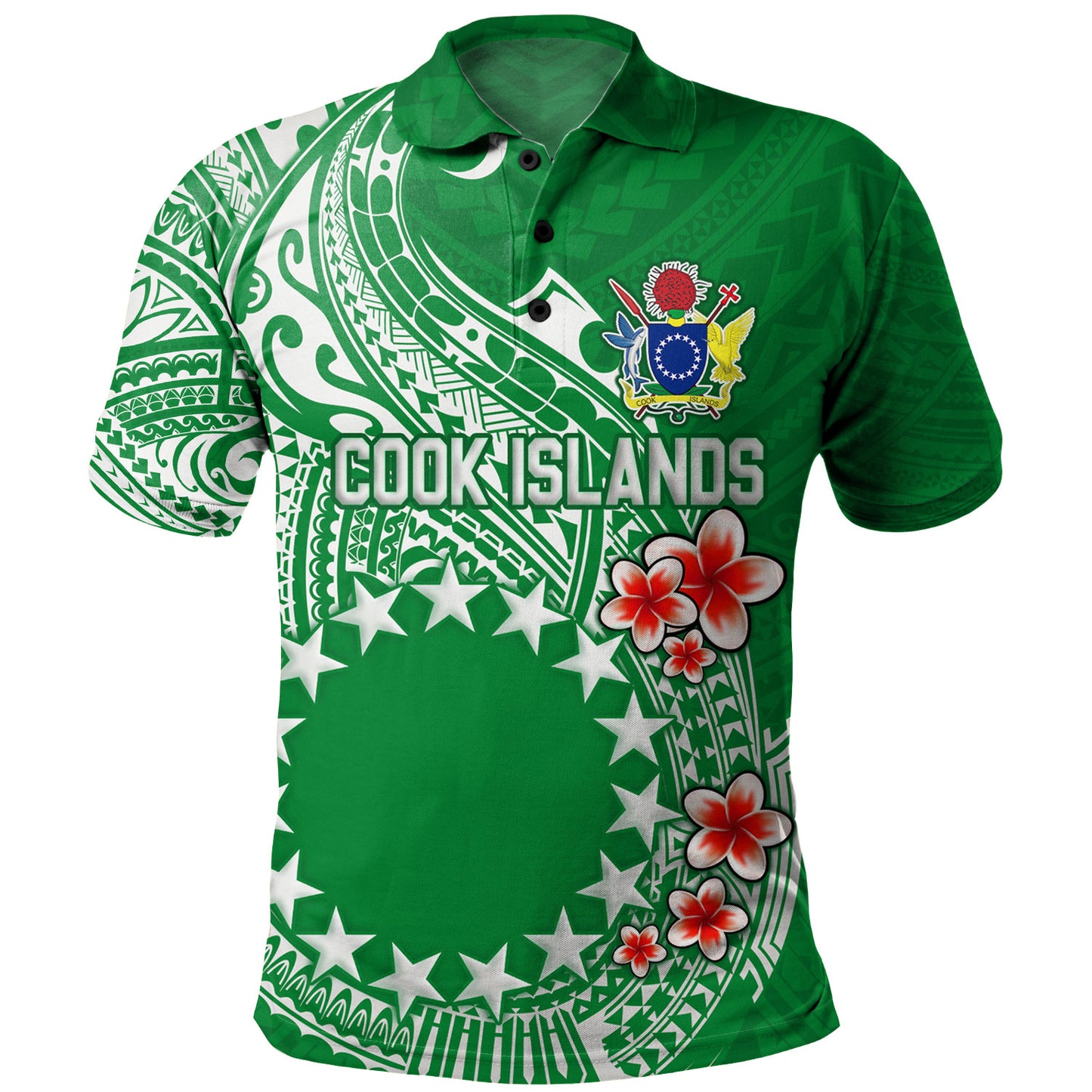 Cook Islands Polo Shirt Plumeria Flowers Tribal Motif Design
