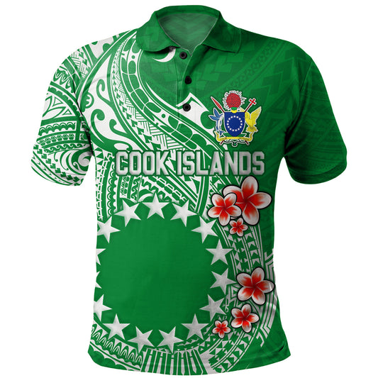Cook Islands Polo Shirt Plumeria Flowers Tribal Motif Design