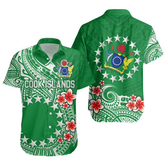 Cook Islands Short Sleeve Shirt Plumeria Flowers Tribal Motif Design