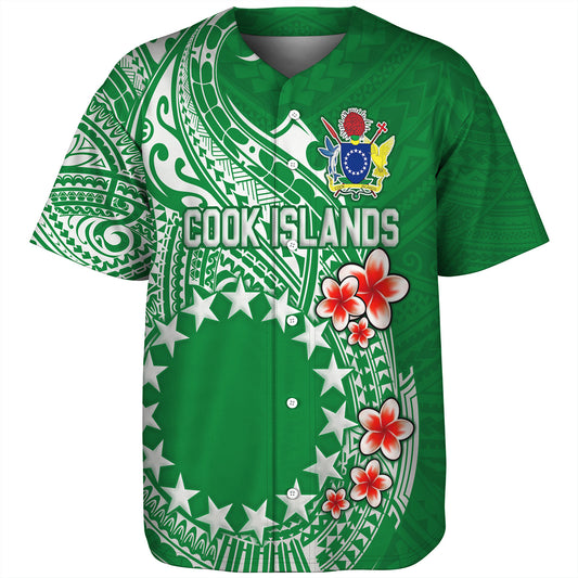 Cook Islands Baseball Shirt Plumeria Flowers Tribal Motif Design