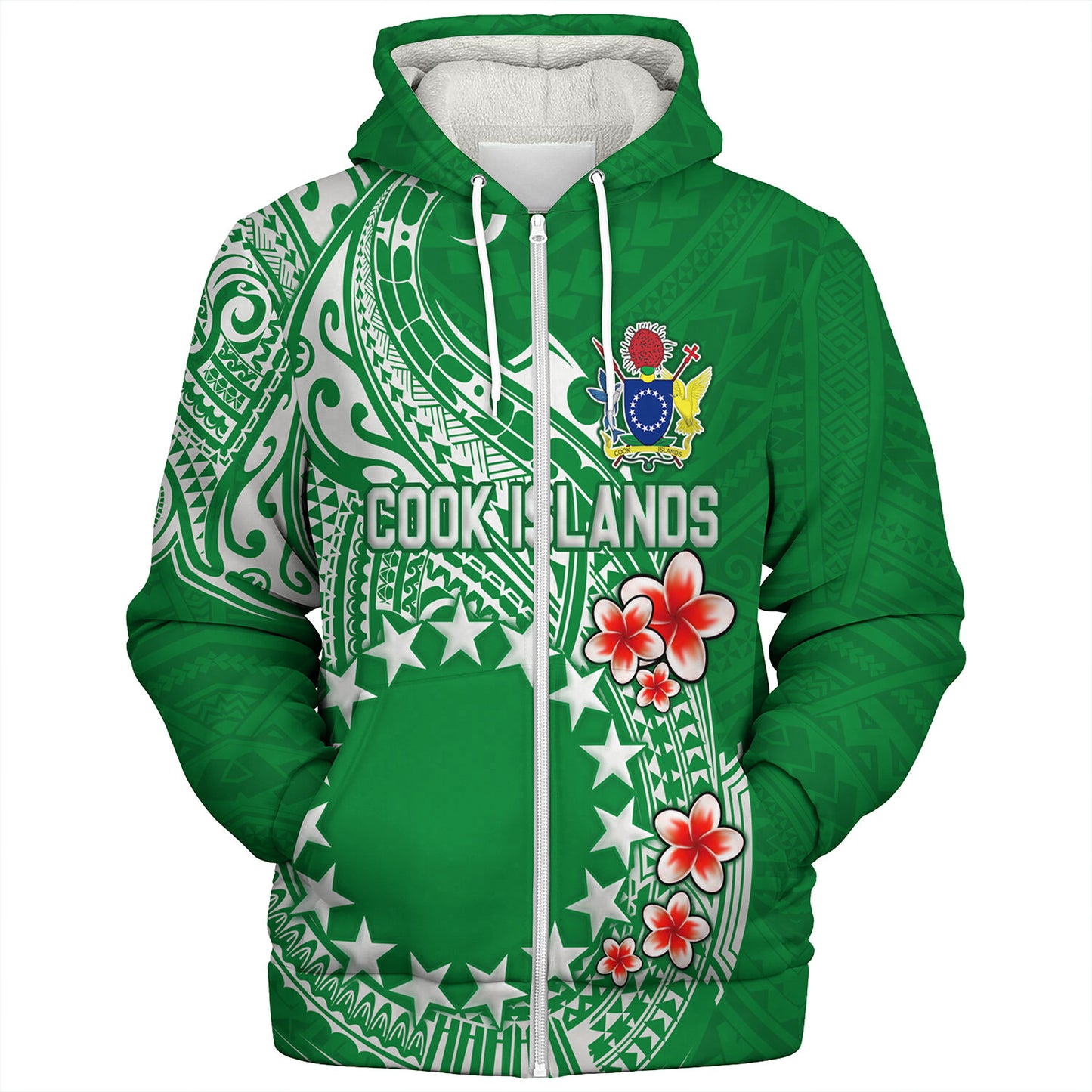 Cook Islands Sherpa Hoodie Plumeria Flowers Tribal Motif Design