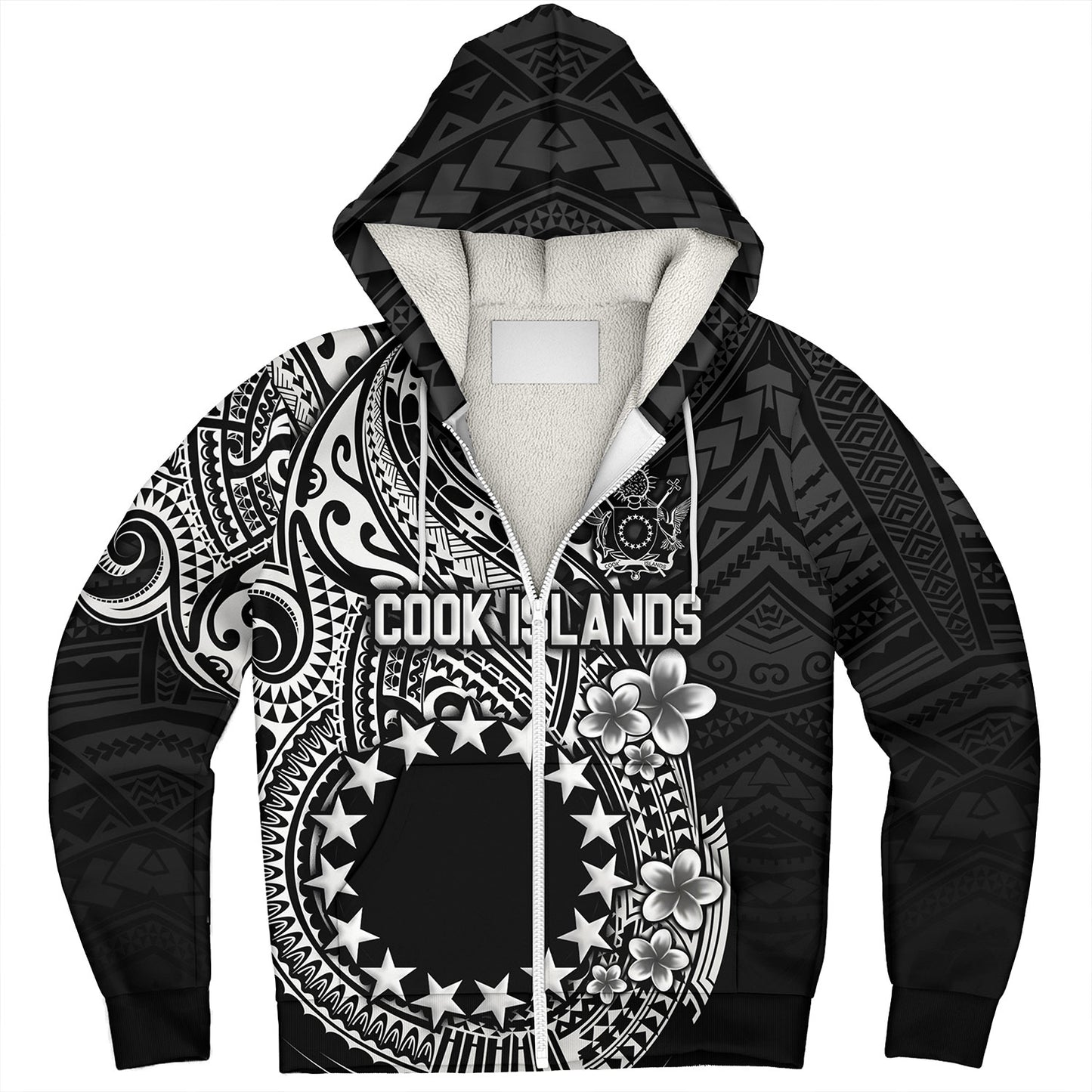 Cook Islands Sherpa Hoodie Plumeria Flowers Tribal Motif Design