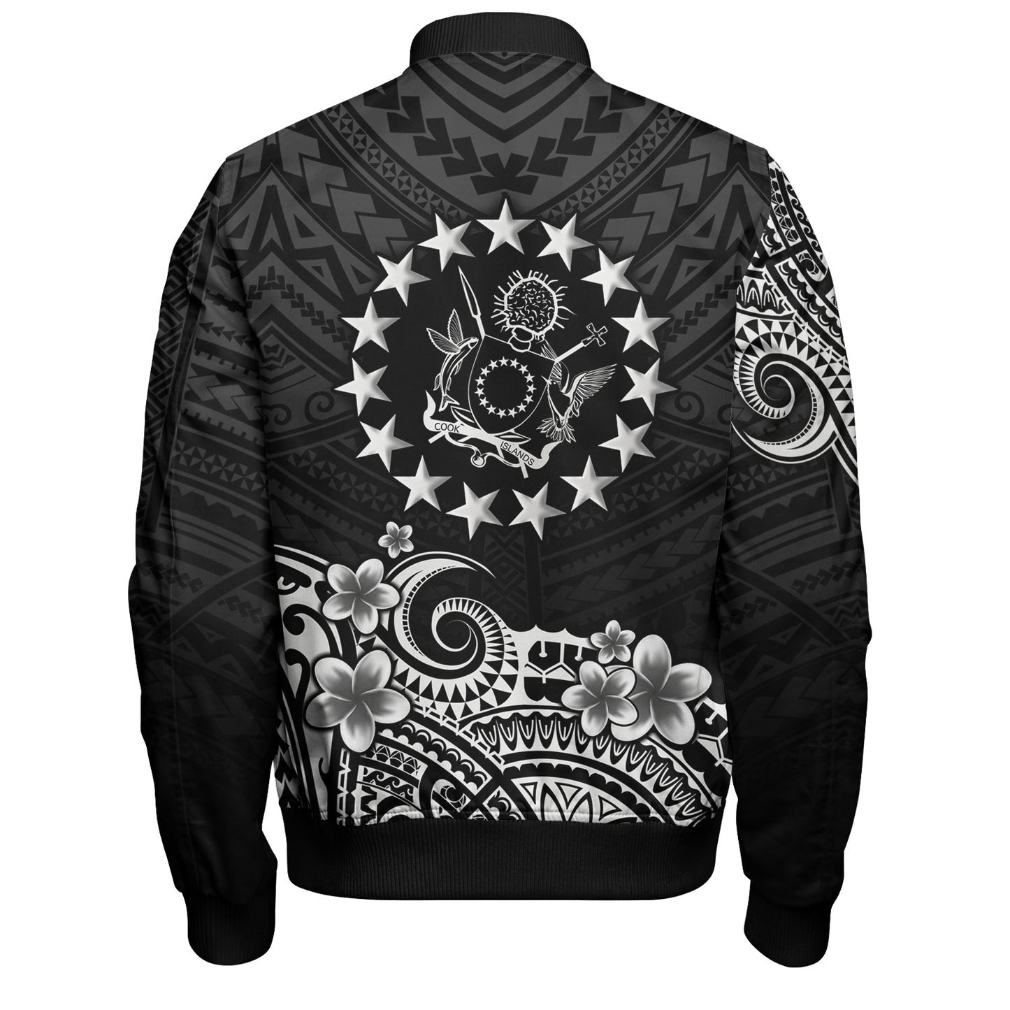 Cook Islands Bomber Jacket Plumeria Flowers Tribal Motif Design