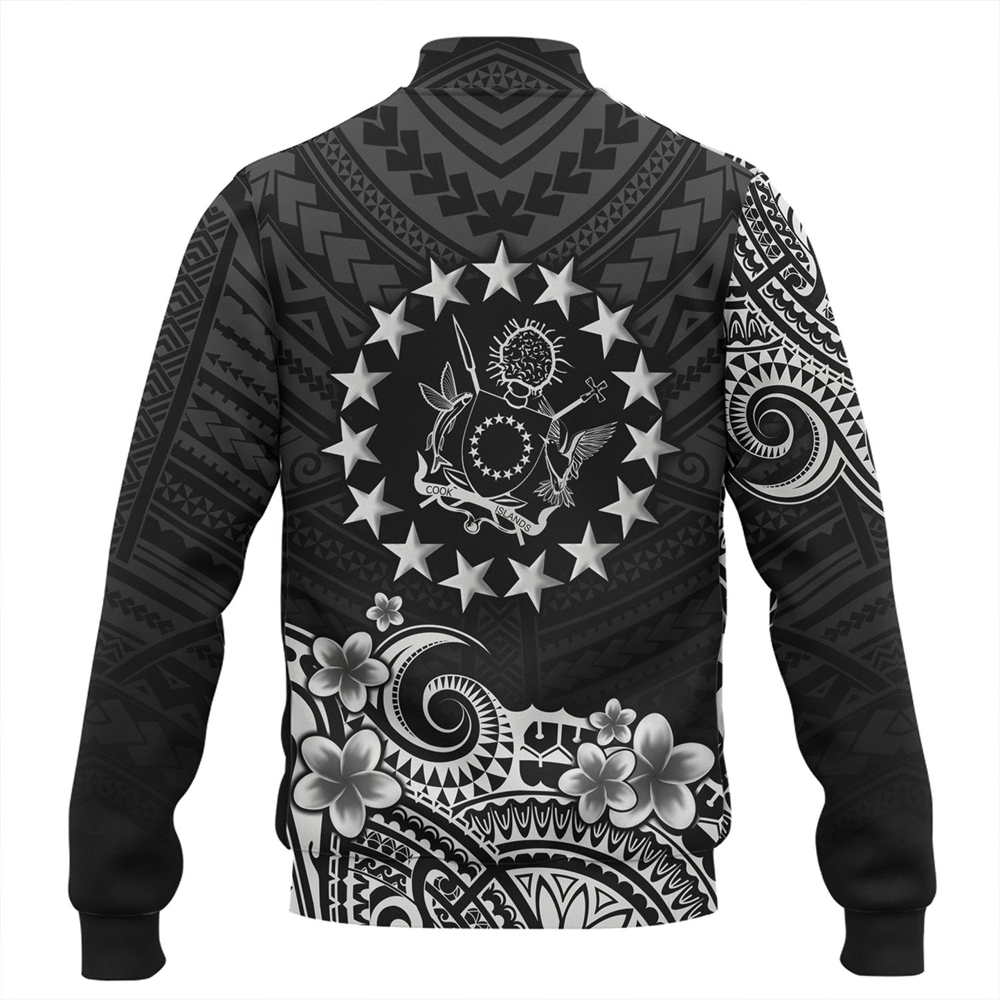 Cook Islands Baseball Jacket Plumeria Flowers Tribal Motif Design