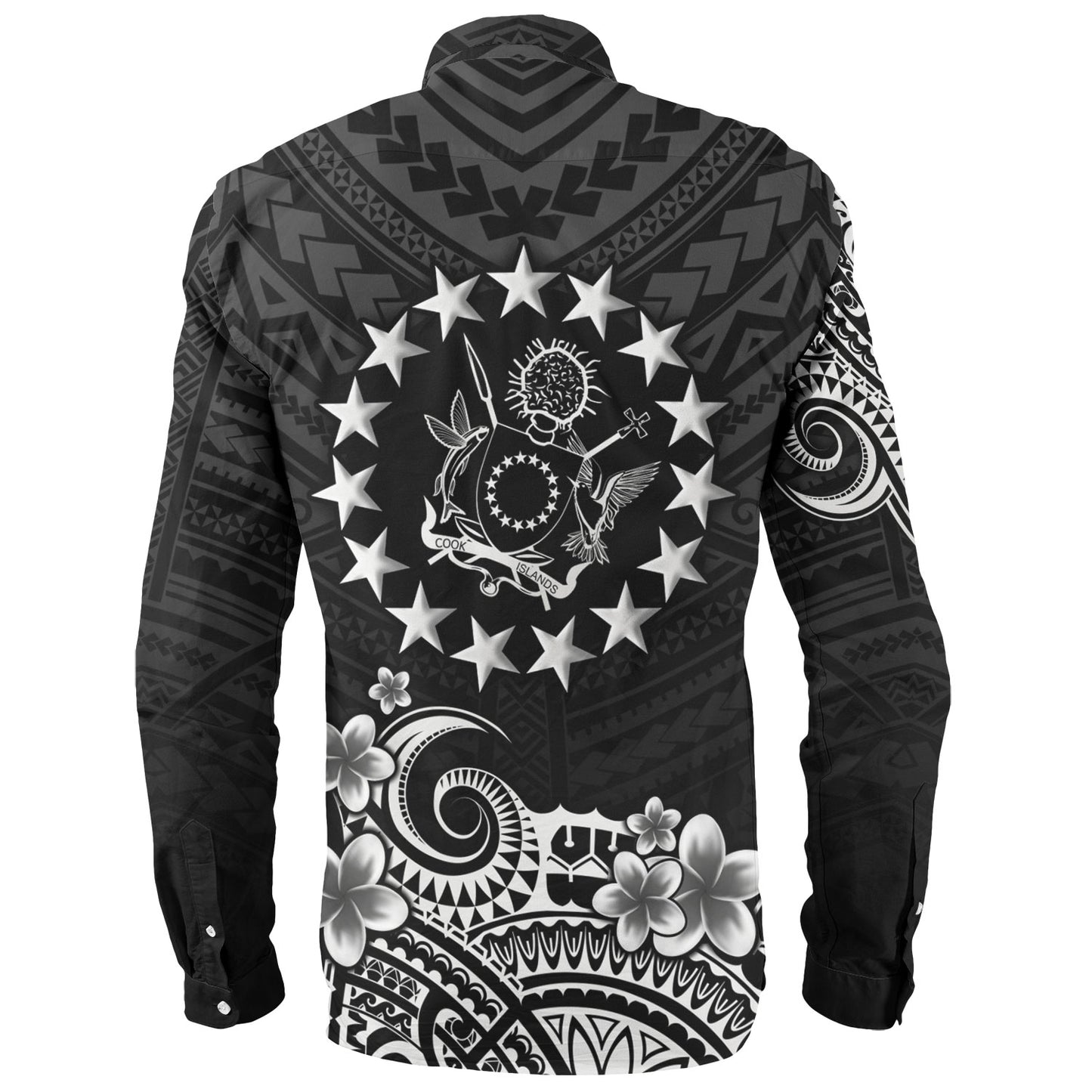 Cook Islands Long Sleeve Shirt Plumeria Flowers Tribal Motif Design