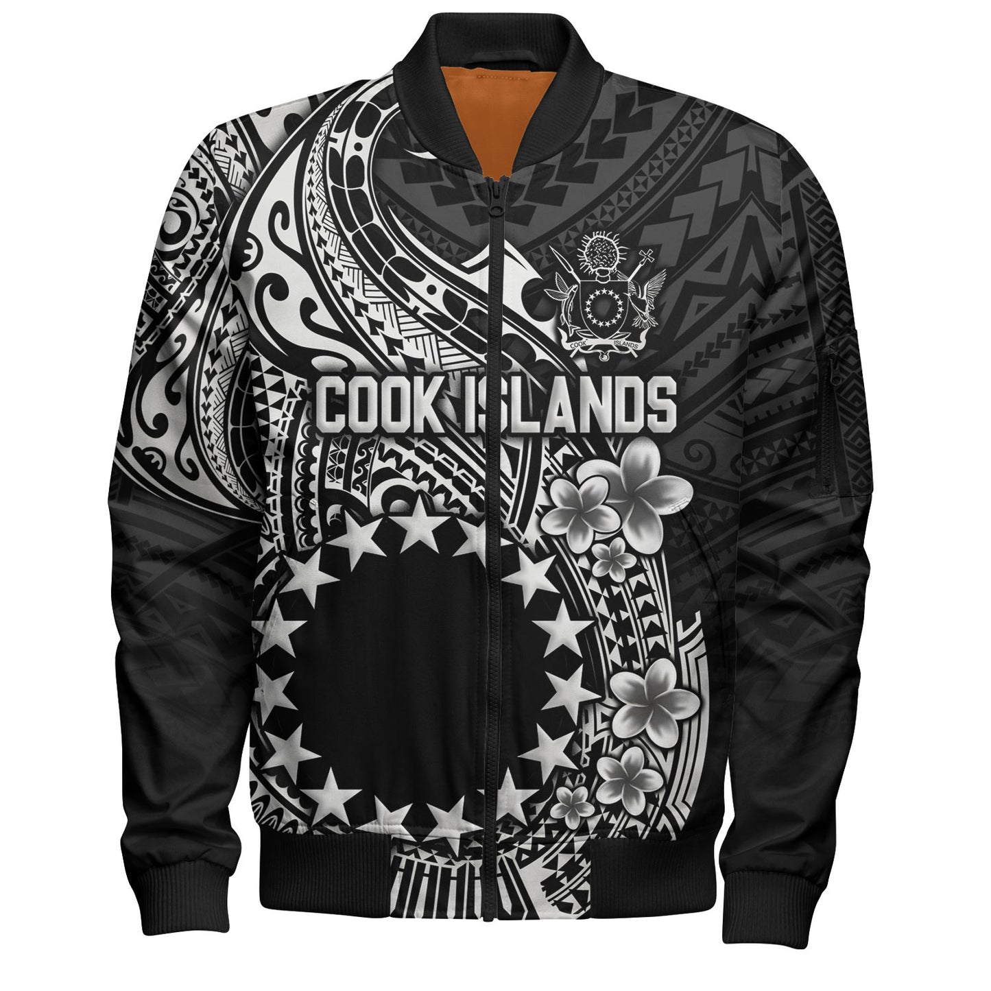 Cook Islands Bomber Jacket Plumeria Flowers Tribal Motif Design