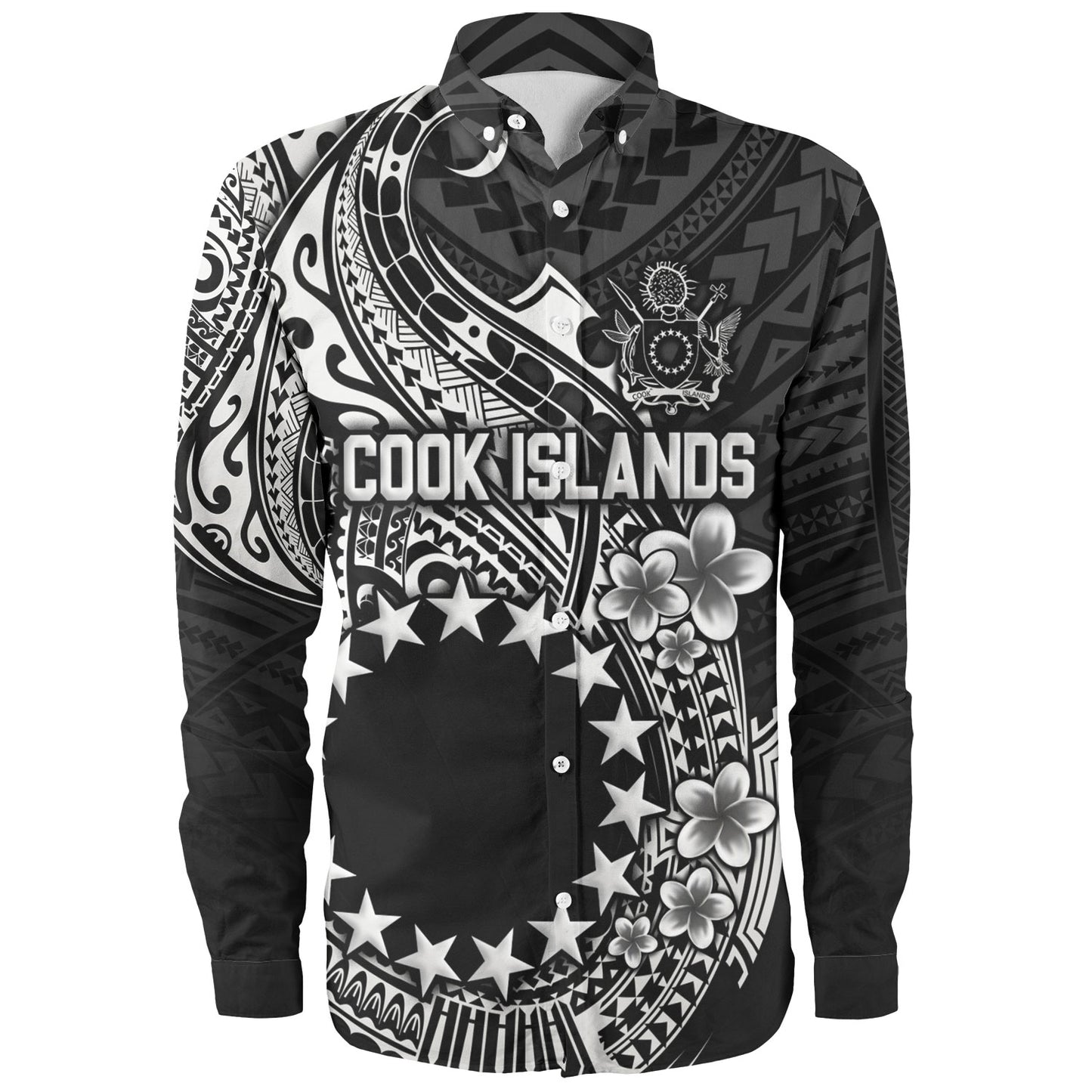 Cook Islands Long Sleeve Shirt Plumeria Flowers Tribal Motif Design