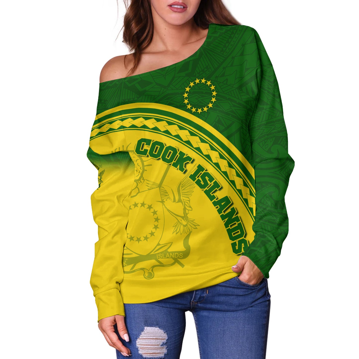 Cook Islands Custom Personalised Off Shoulder Sweatshirt Polynesian Tribal Patterns Curve Style