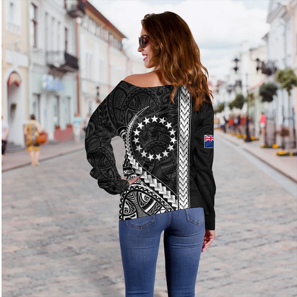 Cook Islands Off Shoulder Sweatshirt Tribal Polynesian Coat Of Arms