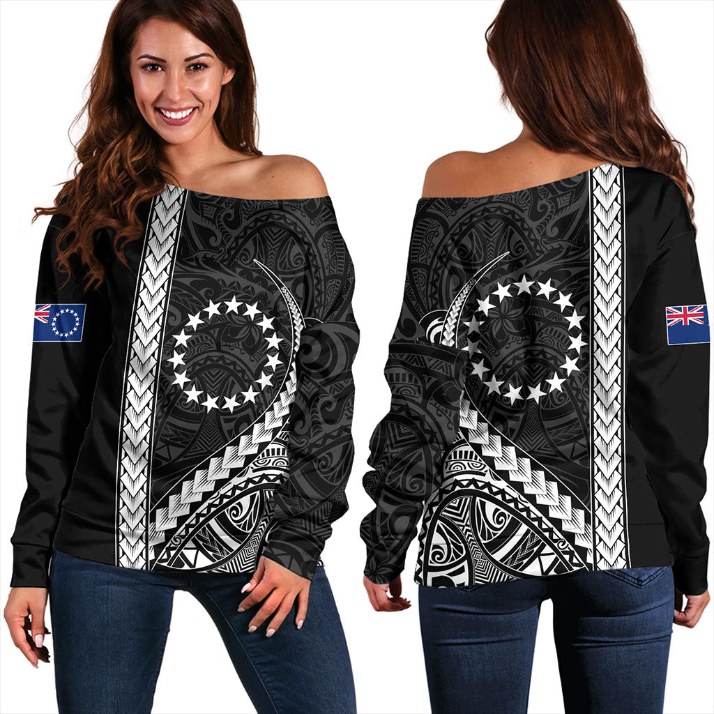 Cook Islands Off Shoulder Sweatshirt Tribal Polynesian Coat Of Arms