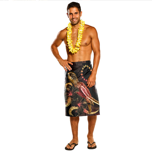 Cook Islands Lavalava - Custom Cook Islands Coat Of Arms With Turtle Blooming Hibiscus Gold