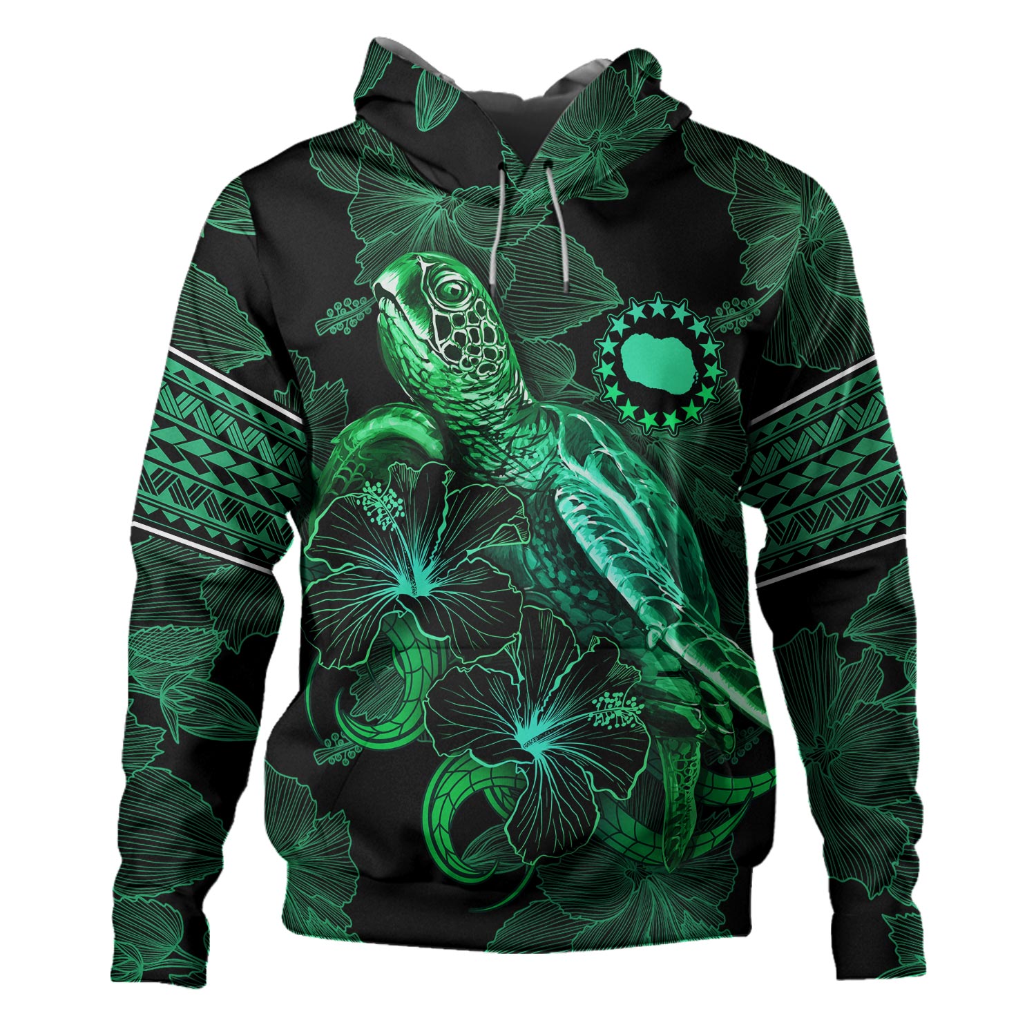 Cook Islands Hoodie  Sea Turtle With Blooming Hibiscus Flowers Tribal Green