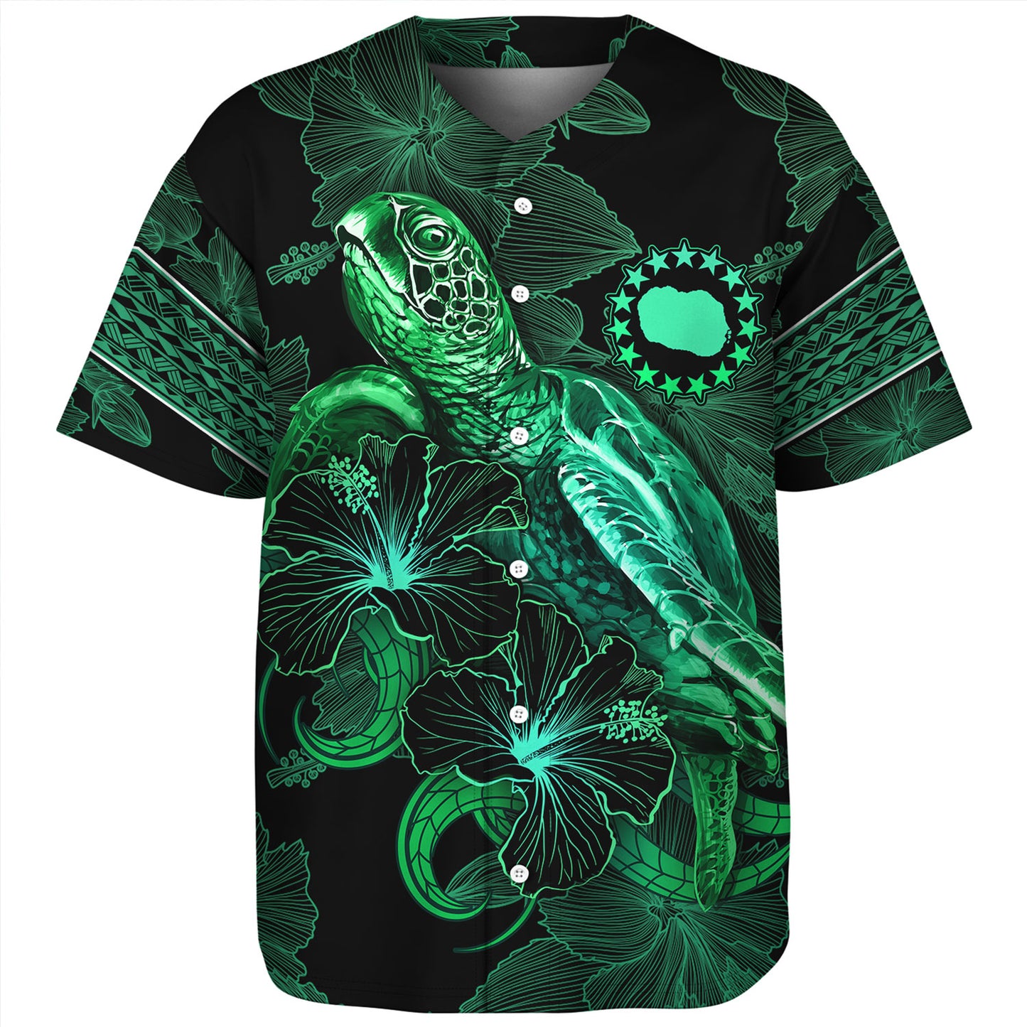 Cook Islands Baseball Shirt  Sea Turtle With Blooming Hibiscus Flowers Tribal Green