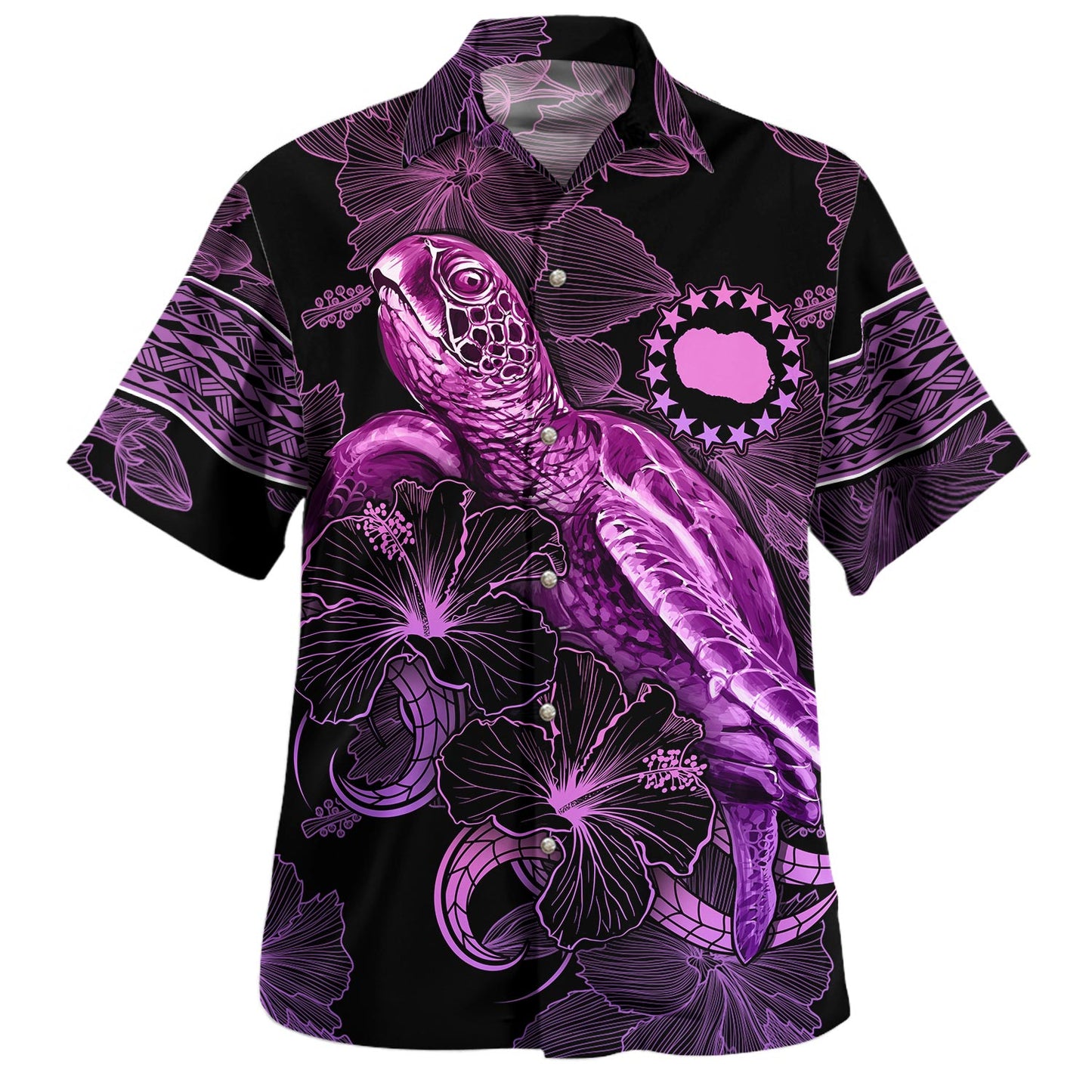 Cook Islands Hawaiian Shirt Sea Turtle With Blooming Hibiscus Flowers Tribal Purple