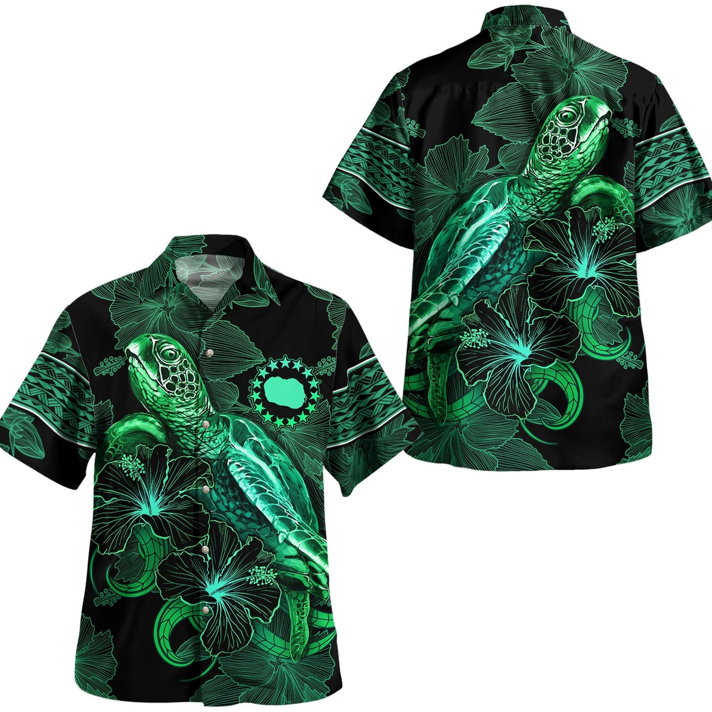 Cook Islands Hawaiian Shirt  Sea Turtle With Blooming Hibiscus Flowers Tribal Green