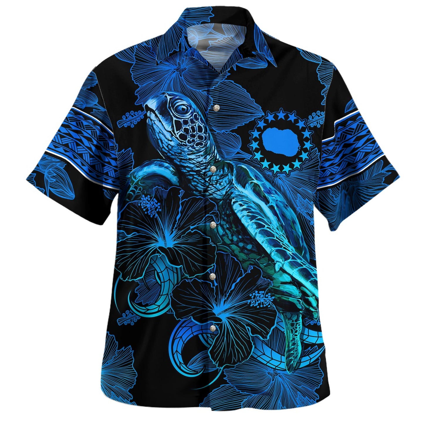 Cook Islands Combo Off Shoulder Long Dress And Shirt Sea Turtle With Blooming Hibiscus Flowers Tribal Blue
