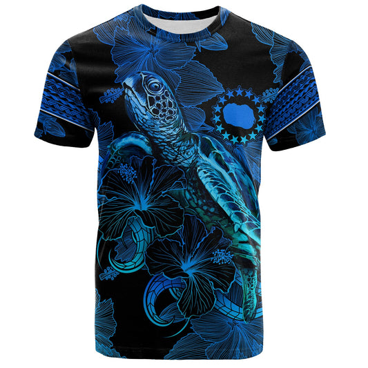 Cook Islands T-Shirt Sea Turtle With Blooming Hibiscus Flowers Tribal Blue