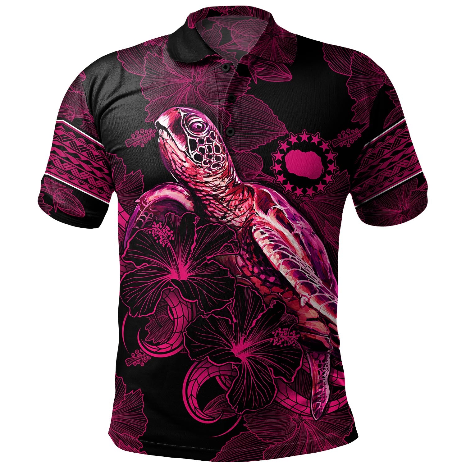 Cook Islands Polo Shirt Sea Turtle With Blooming Hibiscus Flowers Tribal Maroon