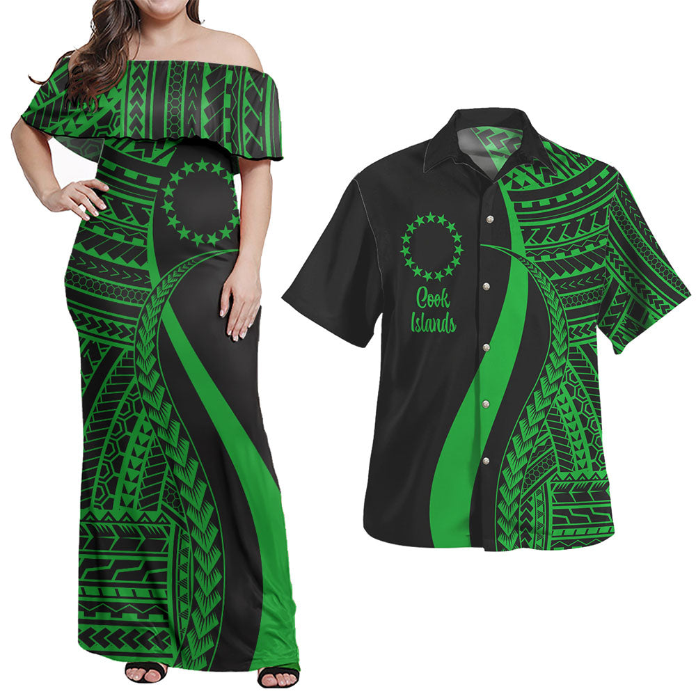 Cook Islands Combo Dress And Shirt - Polynesian Tentacle Tribal Pattern Green