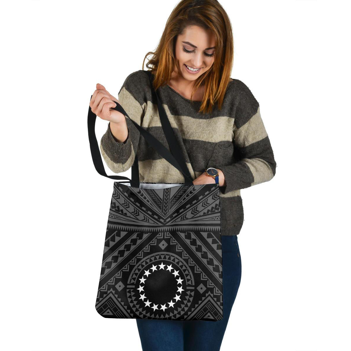 Cook Islands Custom Personalised Tote Bag Polynesian Tattoo Style