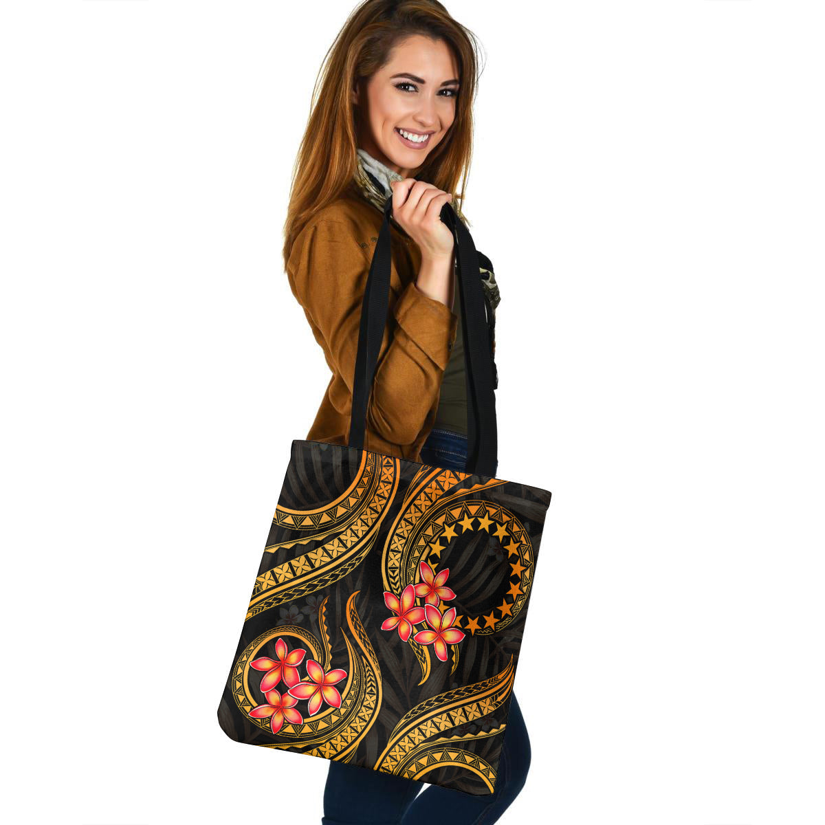 Cook Islands Tote Bag Gold Polynesian Pattern Plumeria