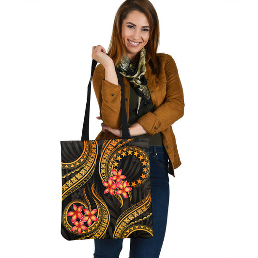 Cook Islands Tote Bag Gold Polynesian Pattern Plumeria