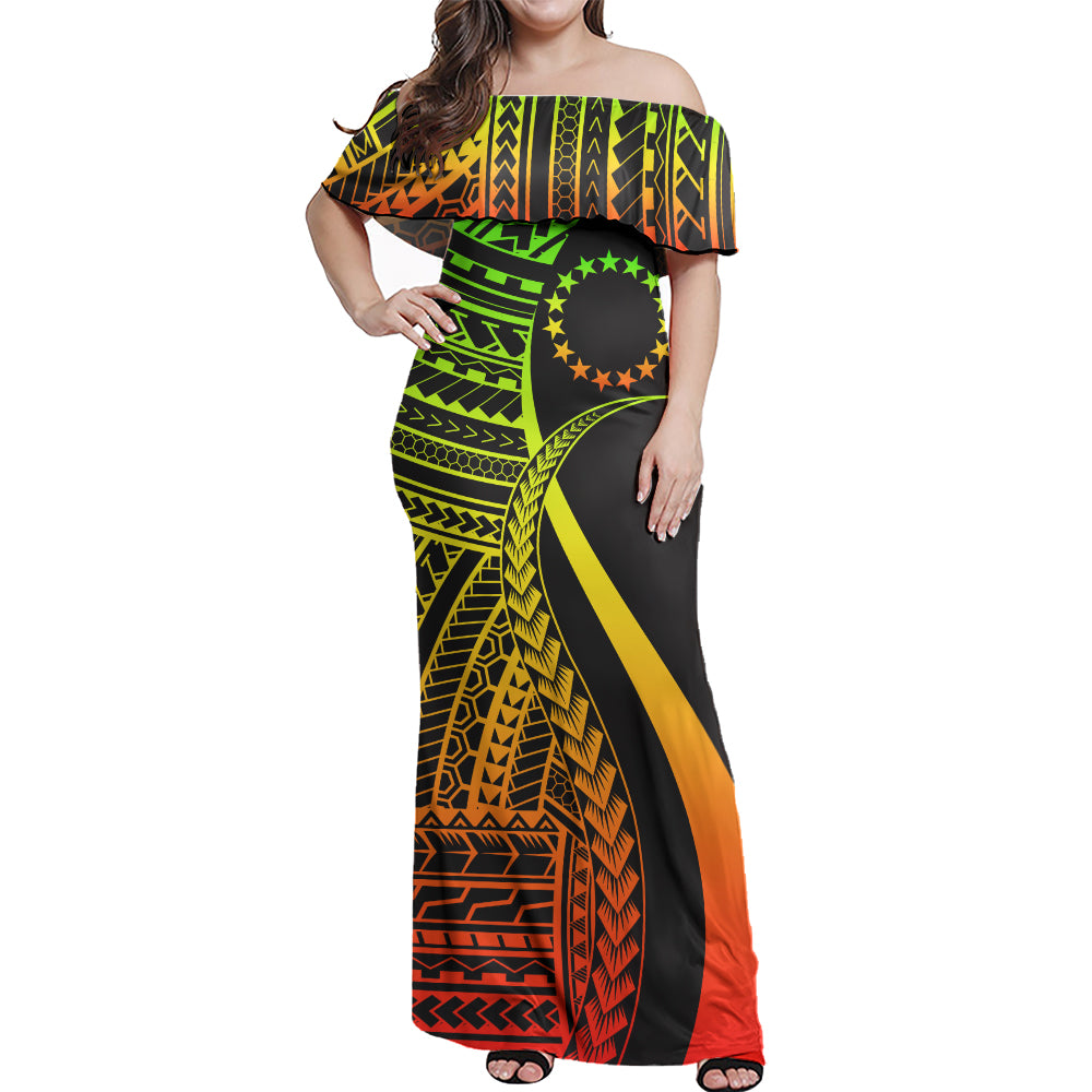 Cook Islands Custom Personalised Woman Off Shoulder Long Dress Polynesian Tentacle Tribal Pattern