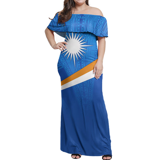 Pohnpei Flag Color With Traditional Patterns Women Off Shoulder Long Dress