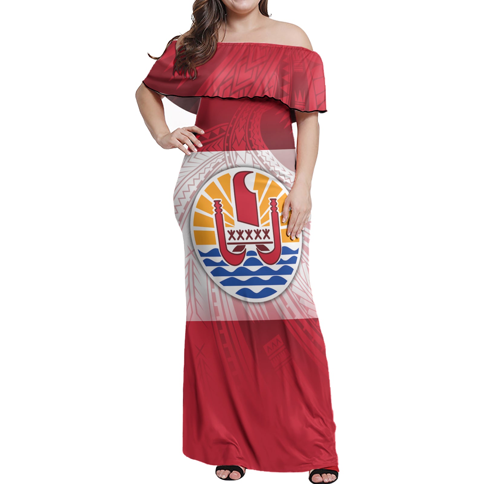 Tahiti Flag Color With Traditional Patterns Women Off Shoulder Long Dress