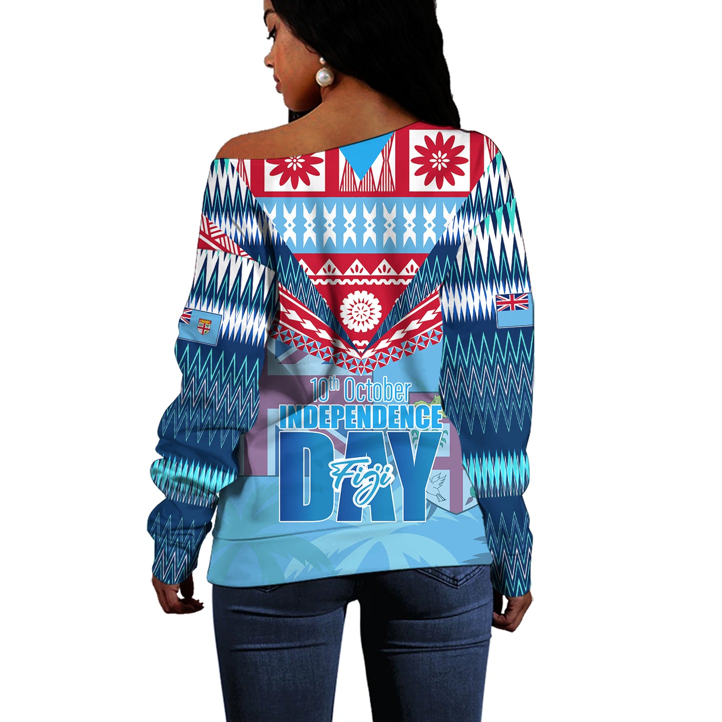 Fiji Off Shoulder Sweatshirt Happy Fiji independence Day Ethnic Masi Tribal Design