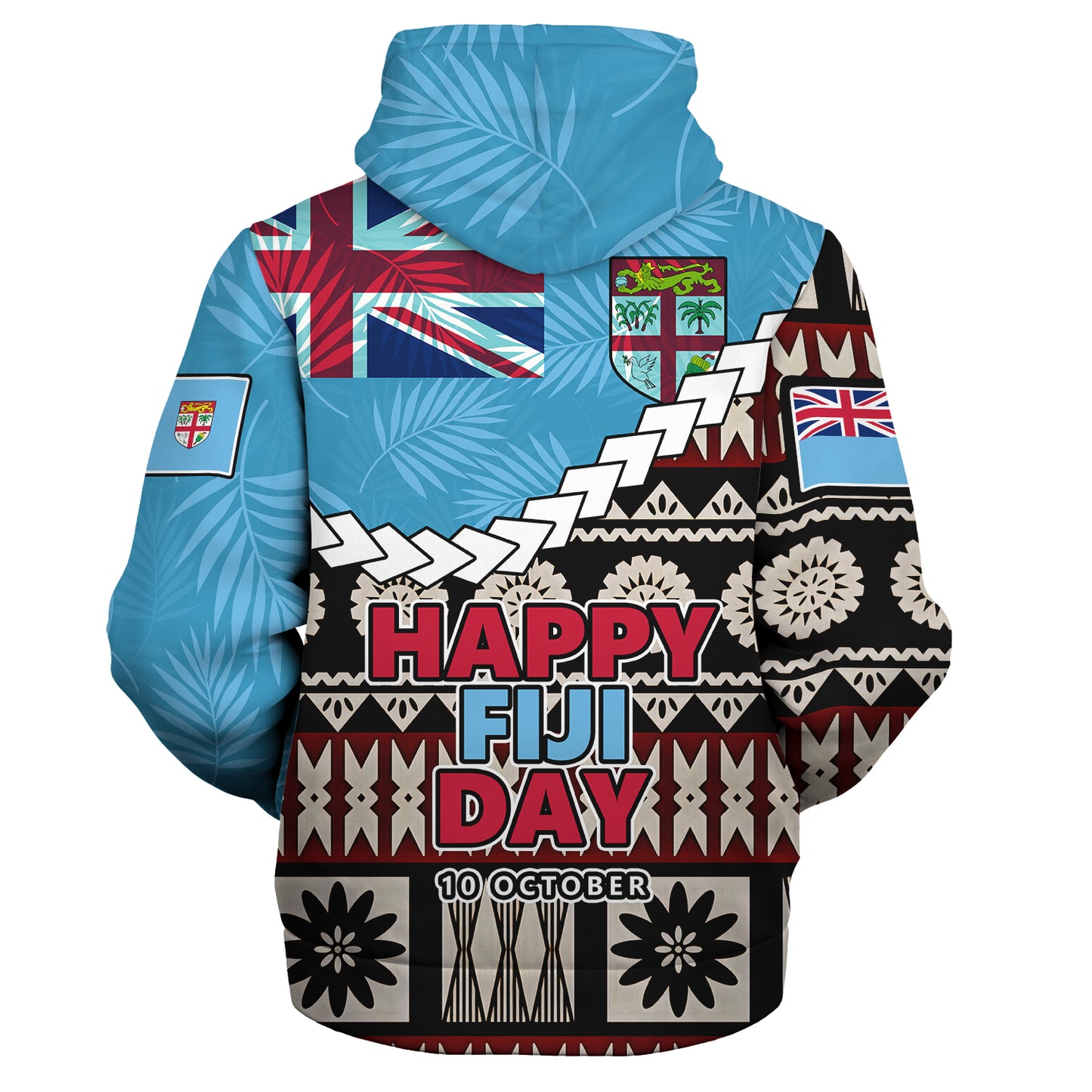 Fiji Sherpa Hoodie Happy Fiji Day Fijian Masi x Tropical Palm Leaf Tribal Curve Style