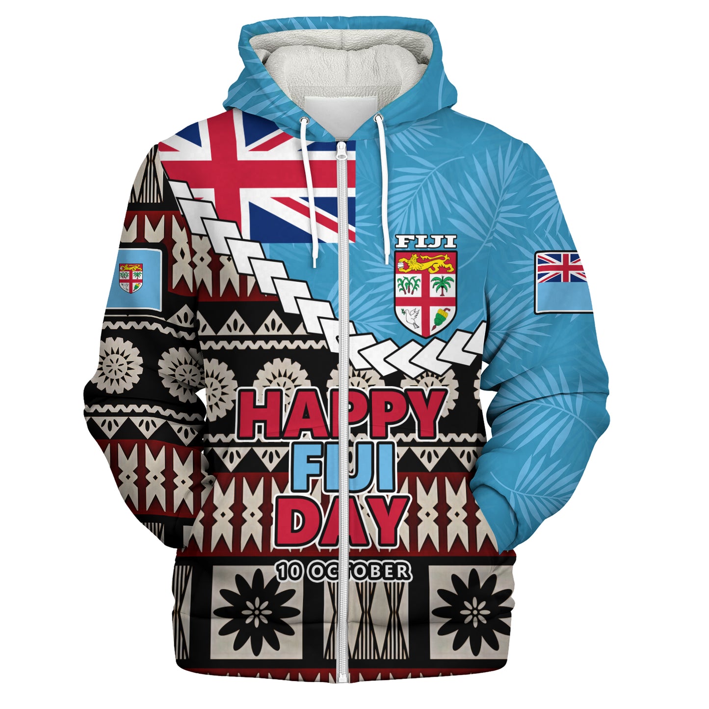 Fiji Sherpa Hoodie Happy Fiji Day Fijian Masi x Tropical Palm Leaf Tribal Curve Style