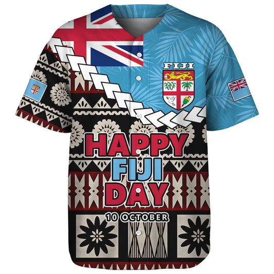 Fiji Baseball Shirt Happy Fiji Day Fijian Masi x Tropical Palm Leaf Tribal Curve Style