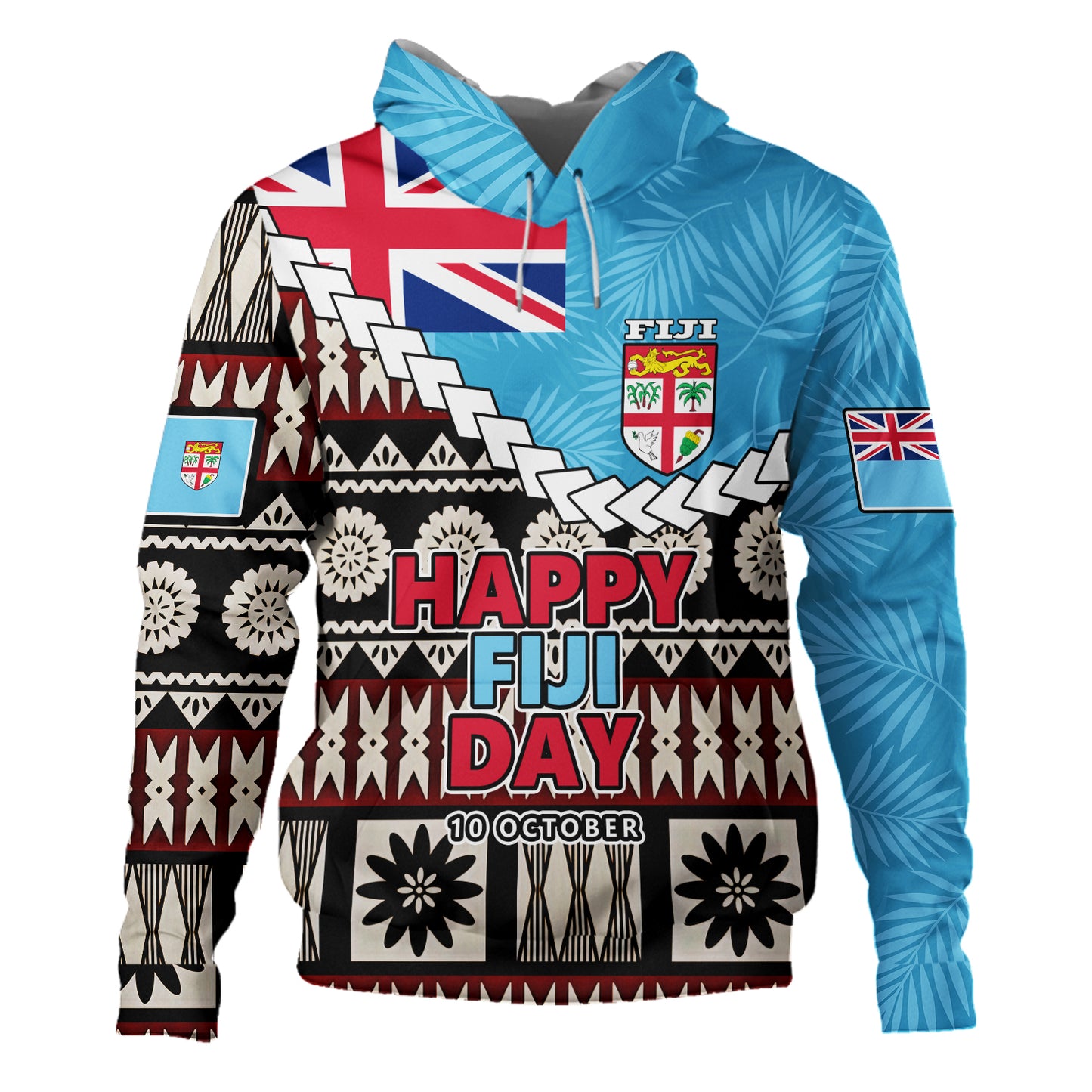 Fiji Hoodie Happy Fiji Day Fijian Masi x Tropical Palm Leaf Tribal Curve Style